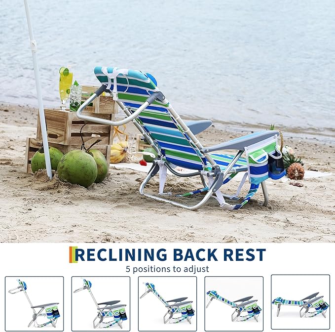 GarveeLife Backpack Beach Chair for Adults 2 Pack, Lightweight Portable Lay Flat Folding Beach Chair with 5 Positions, Backpack Straps, Phone Pocket, Cup Holder & Towel Bar, Support to 300 LBS