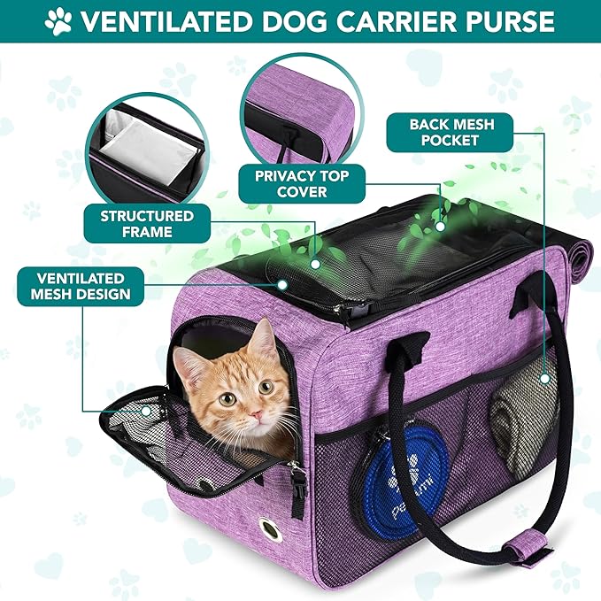 PetAmi Dog Purse Carrier for Small Dogs Cats, TSA Airline Approved Soft-Sided Pet Carrier with Pockets, Ventilated Travel Tote Bag with Bed & Shoulder Strap, Puppy Kitten, Max 12 lbs, Purple