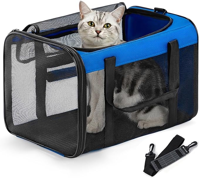 Conlun Cat Carrier Bag,Soft-Sided Pet Carriers for Dogs with 4-Sided Mesh,Airline Approved Cat Transport Carrier for Small&Medium Cats Kitten Puppy Up to 15LB,Collapsible Cat Travel Carrier-M,Blue