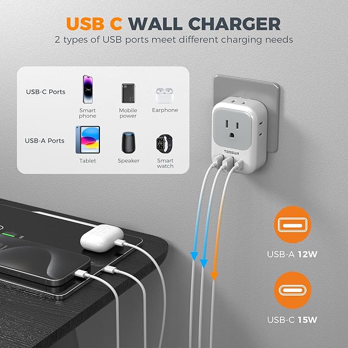 Switzerland Travel Plug Adapter 2 Pack, TESSAN Type J Adaptor with 4 Outlets 3 USB Charging Ports(1 USB C PD 20W), Swiss Travel Plug for US to Switzerland, Liechtenstein, Rwanda
