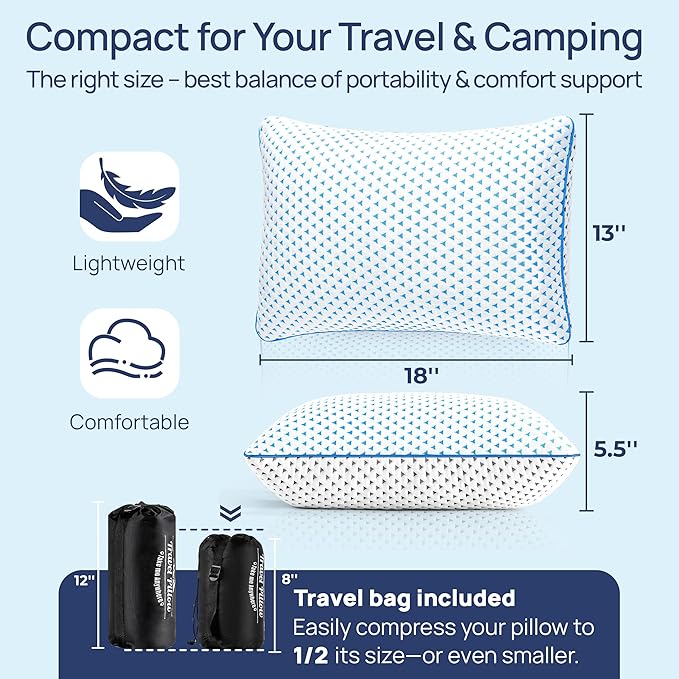 fulocean Small Cooling Memory Foam Pillow for Travel & Camping, Compressible Adjustable Pillow for Medium Firm Neck Knee Lumbar Support,Washable, Ideal Sleeping, Car, Airplane, Backpacking, Gifts