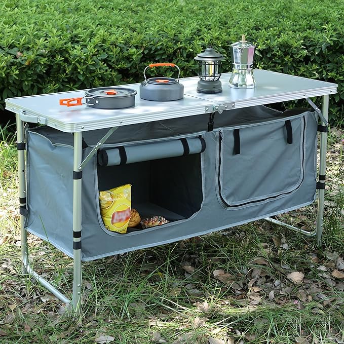 JOUYEK Camping Table, Folding Camping Table with Storage, Portable Kitchen Table, Lightweight, 3 Heights Adjustable Camping Furniture for BBQ, Picnic, Camping, Hiking, Beach, and Indoor