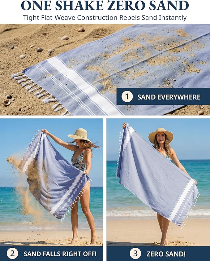 LANE LINEN Turkish Beach Towels, 2 Pack Extra Large Beach Towel, Pre-Washed for Soft Feel, Oversized Sand Free Quick-Dry Pool Towel, Beach Towels for Adults, 39"x71" - Forever Blue
