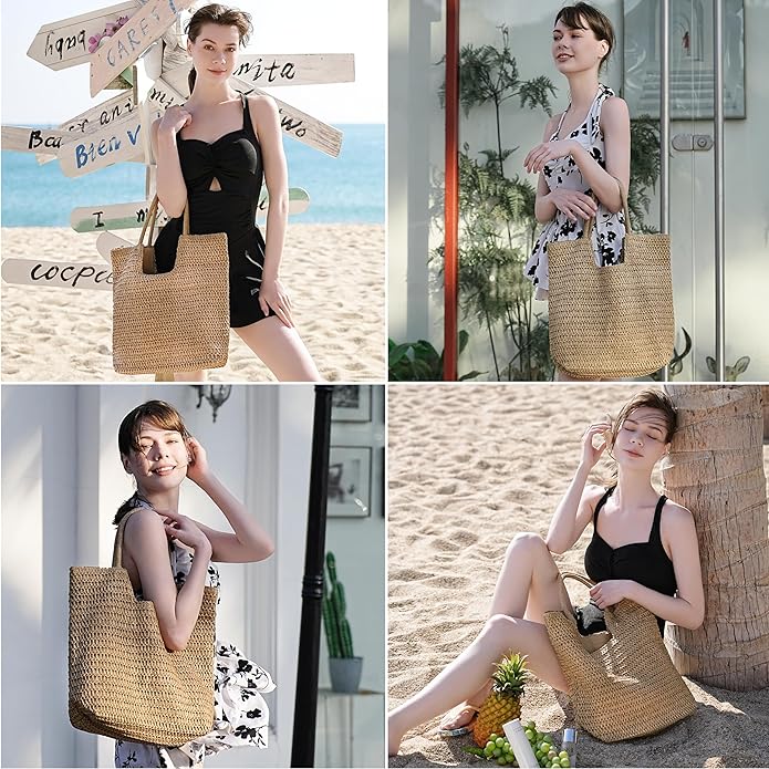 Straw Beach Bags for Women - Summer Woven Tote Bag Shoulder Handbags, Large Beach Bag for Women for Holiday