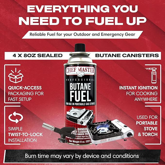 Chef Master 72x 8oz Butane Fuel Canister - Butane Torch Refill & Camp Stove Fuel - Gas Canister for Picnics, Outdoor Cooking, Grilling - Camp Stove, Torch Fuel Camping Essentials - 90340