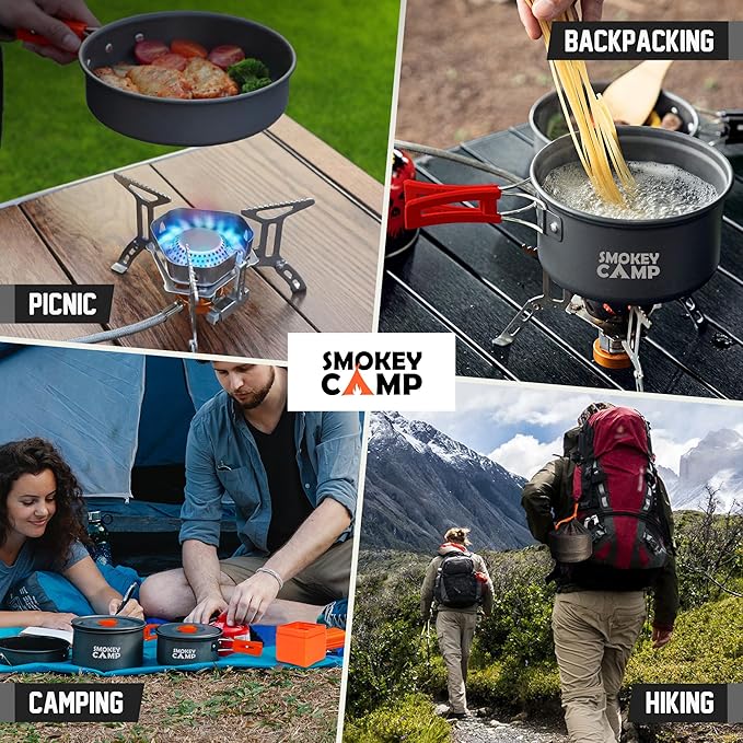 Smokey Camp Camping Cookware Mess Kit Set with Stove - Backpacking Camping Pots and Pans Set, All in One Non-Stick Camping Cooking Set, Portable Stove, Hiking, Picnic, Outdoor & Camping Cookware Set