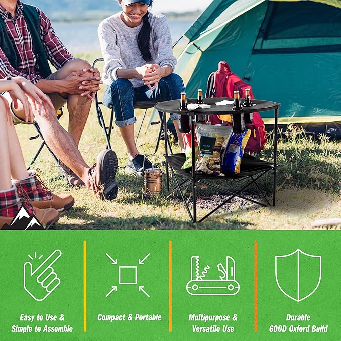 Camping Table - 2-Tier Folding Table with 4 Cupholders and Carry Bag for Picnic, Tailgate, Beach, or Camp - Camping Gear by Wakeman Outdoors (Black)