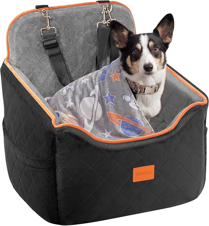 HiPetpy Dog Car Seat 6" Elevated Memory Foam Booster Seat for Small Medium Dogs Under 35 lbs with Pet Blanket, Washable Pet Car Seat with Safety Leash, Anti-Slip Base and Storage Pockets