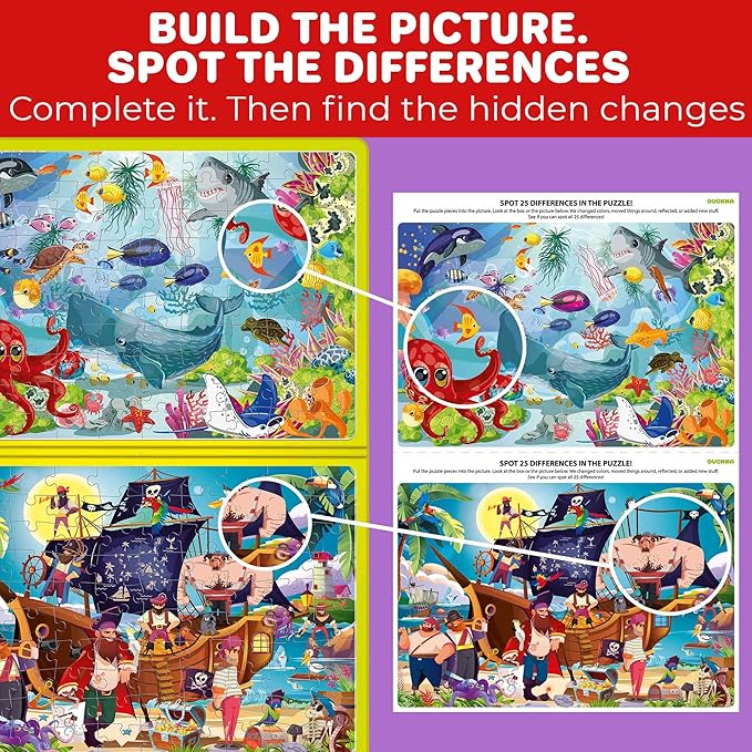 QUOKKA Magnetic Puzzles for Kids Ages 4-6 – 100 PCS Magnetic Puzzle Book for Toddlers 3-5 – 2 Puzzles & 2 Spot The Difference Maps – Search & Find Travel Games – Activity Book Toy Ocean & Pirates
