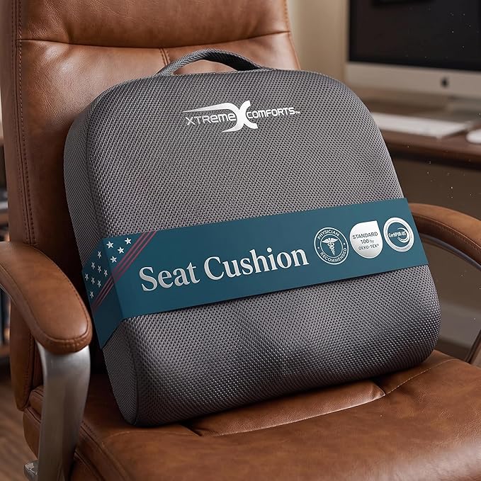 Xtreme Comforts Seat Cushions | Office Chair Cushions for Desk, Car, Wheelchair| Ergonomic Memory Foam Seat Cushion for Support & Comfort | Helps Improve Sitting Posture for Work & Body Relief