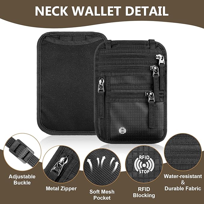 Likesing 5.5" L x 7.8" W Travel Neck Wallet, RFID Blocking Passport Holder for Travel Women Men, Security Lightweight Passport Travel Wallet, Neck Pouch Gifts for Traveling Family (Grey)