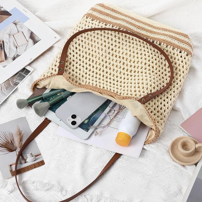 Pleneal Crochet Beach Bag, Summer Woven Tote Bag with Lining, Soft Purse Shoulder Bags for Vacation