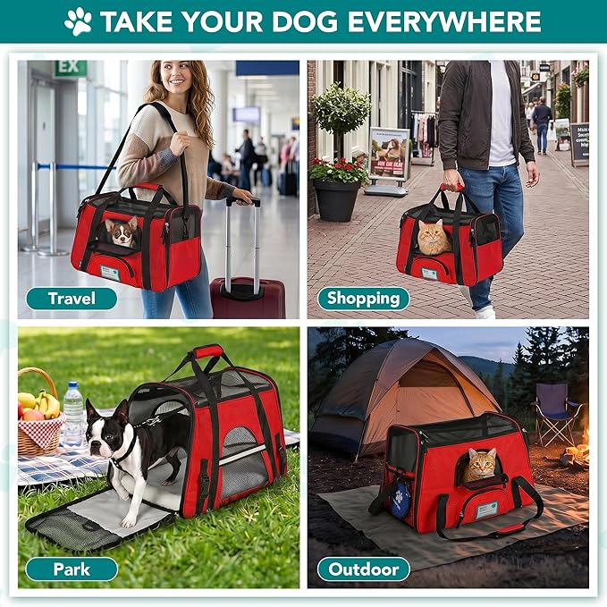 PetAmi Airline Approved Pet Carrier for Cats & Small Dogs, Soft Sided TSA Travel Carrier Bag with Sherpa Bed, Breathable Mesh Ventilation, Collapsible Bowl, Fits Under Seat, Up to 18 lbs, Small Red