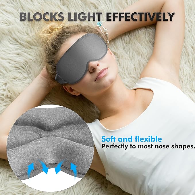 Sleep Eye Mask for Men Women, Sleeping Mask for Side Sleeper, Travel Blackout Night Blindfold Eye Shade Cover with Adjustable Strap (Ash Grey)