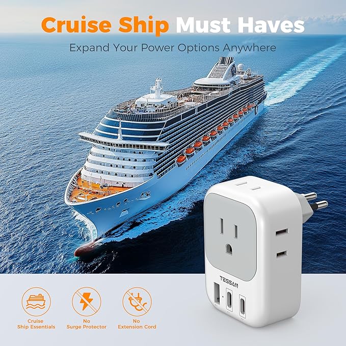 TESSAN Brazil Plug Adapter 2 Pack, 7 in 1 PD 20W Travel Adaptor with 4 Electrical Outlets and 3 USB Charger Ports (1 USB-A, 2 USB-C), Type N Power Adapters for US to Brasil Brazilian
