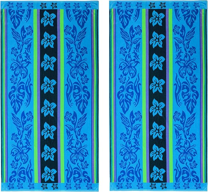 COTTON CRAFT Oversized Beach Towel - 2 Pack XL 39 x 68 inches Big & Huge Beach Blanket Towel - 100% Cotton Jacquard Velour - Super Soft Luxury - Pool Picnic Bath - Tropical Hibiscus Aqua Blue Purple