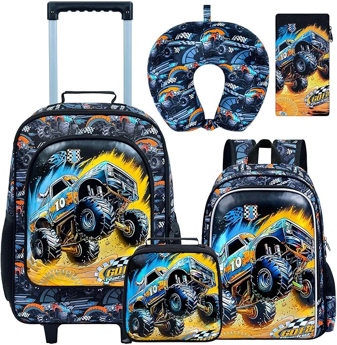 5Pcs Kids Luggage Set, 18" Boys Travel Suitcases with Wheels, Car Carry on Rolling Luggage Airline Approved (Black)