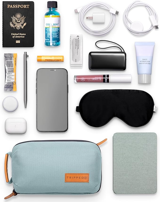 Tech Bag Organizer - Small Electronics Organizer Pouch for Travel - Premium Travel Case with Leather Accents - Mesh Pocket for Cables, Cords and Chargers (Dusty Teal)