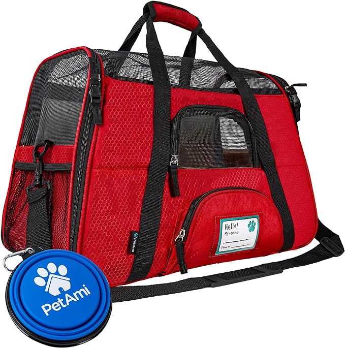 PetAmi Airline Approved Pet Carrier for Cats & Small Dogs, Soft Sided TSA Travel Carrier Bag with Sherpa Bed, Breathable Mesh Ventilation, Collapsible Bowl, Fits Under Seat, Up to 18 lbs, Large Red