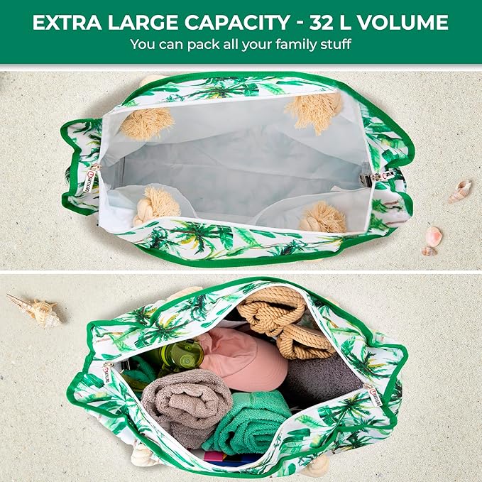 Beach Bag and Pool Bag Has Cooler Pocket, 7 Pockets Total, Zip Top. Family Size Waterproof Beach Tote