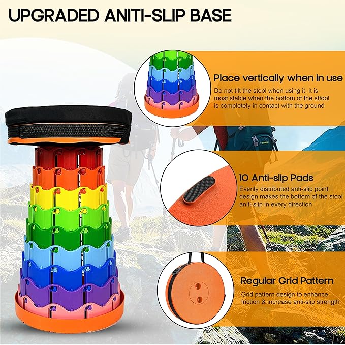 Upgraded Portable Folding Stool with Seat Cushion and Nylon Bag Adjustable Stool with 350lbs Load Capacity Collapsible Camping Stool for Adults Outdoor Travel, Fishing. (1, Orange Rainbow)