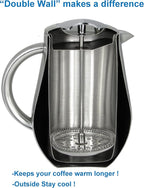 SterlingPro Stainless Steel French Press Coffee Maker Large 1 L (34 oz) with 2 Extra Filters Silver – Double Walled Insulated Coffee Press Keeps Drinks Hot, Easy to Use, Stylish Design for Rich Flavor