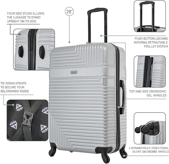 InUSA RESILIENCE Luggage with Spinner Wheels | Spacious Durable Lightweight Hardshell Suitcase, Travel Sets with Handle and Trolley | (20/24/28) 3 Piece Luggage Set | Silver