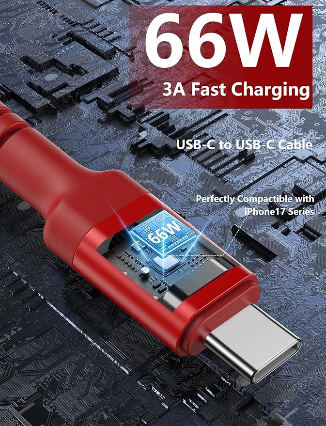 USBC to C Cable 6FT, 2 Pack USB C Cables, Type C Fast Charging Cable Nylon Braided USBC Charger Cable Compatible with iPhone 17/16/15/Pro/Plus/Pro Max/Samsung Galaxy S23/LG and More-Red