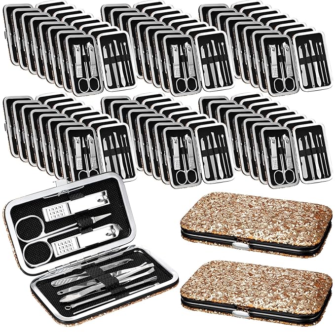 Geosar 50 Set 8 in 1 Travel Manicure Kit Bulk Professional Nail Clippers Pedicure Nail Care Tools Grooming Stainless Steel Set with Portable Travel Case, Gift for Valentine Men Women(Glitter Gold)