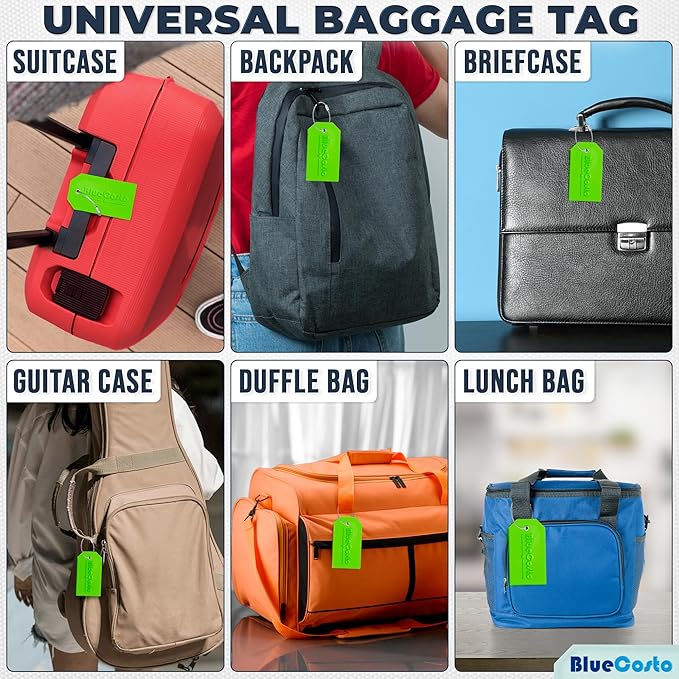BlueCosto - Luggage Tags - Large, Green, 25 PK - Bulk PVC Suitcase Tags w/Privacy Cover & Stainless Steel Wire Loops - Multipack Personalized Baggage Identifiers for Travel - Backpack Name Labels