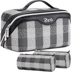 BOYATU Travel Makeup Bag Organizer Cosmetic Bag: 3 Pcs Set Make up Bags for Women with Handle - Waterproof Vegan Leather Toiletry Bags Travel Essentials Pouch with Compartments (F-01-Black)