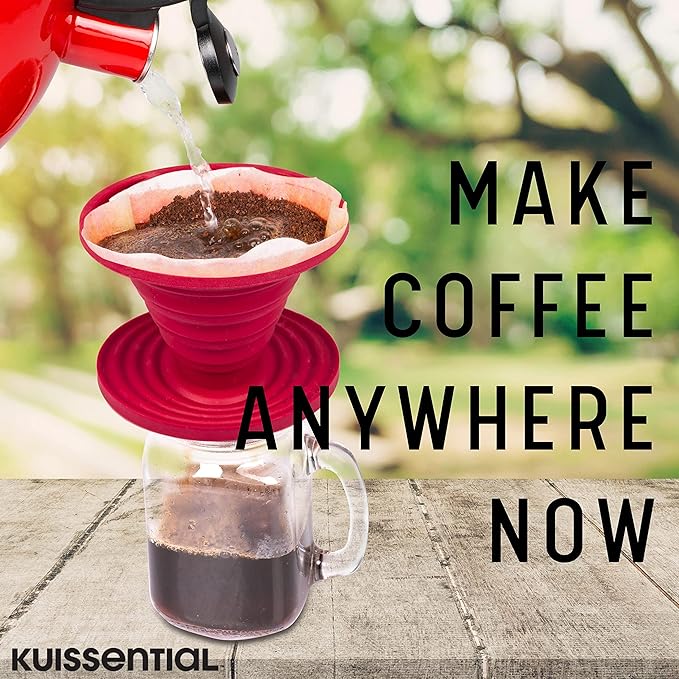 Kuissential SlickDrip Pour Over Coffee Dripper-Collapsible, Reusable Silicone Coffee Filter Cone Holder-Manual Coffee Brewer Makes One to Two Cups of Strong Brew-Great for Hiking, Camping, Gifts