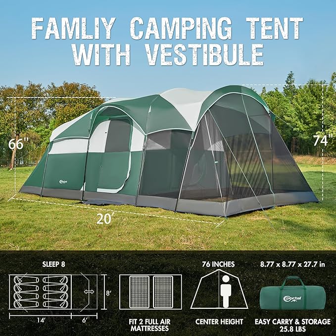 PORTAL 6/8/10 Person Family Camping Tent with Screen Room, Water Resistant Big Tunnel Tents with Rainfly, Large Family Tent for Camping, Outdoor, Patio