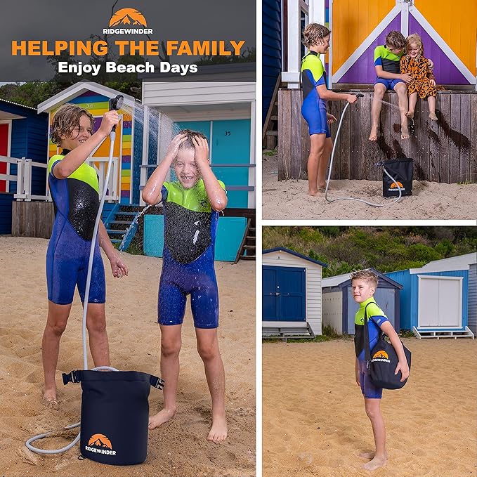Ridgewinder Portable Shower for Camping with Dry Bag - Camp Shower with Rechargeable Battery and Included 10L Dry Bag for Water Storage. Complete Camping Shower in a Bag (+Sprayer Attachment).