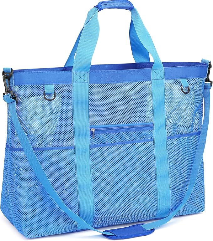Fammart Mesh Beach Bag with Zipper, Large Beach Tote for Women, Toys Pool Swim Bag Travel Vacation Cruise Essentials