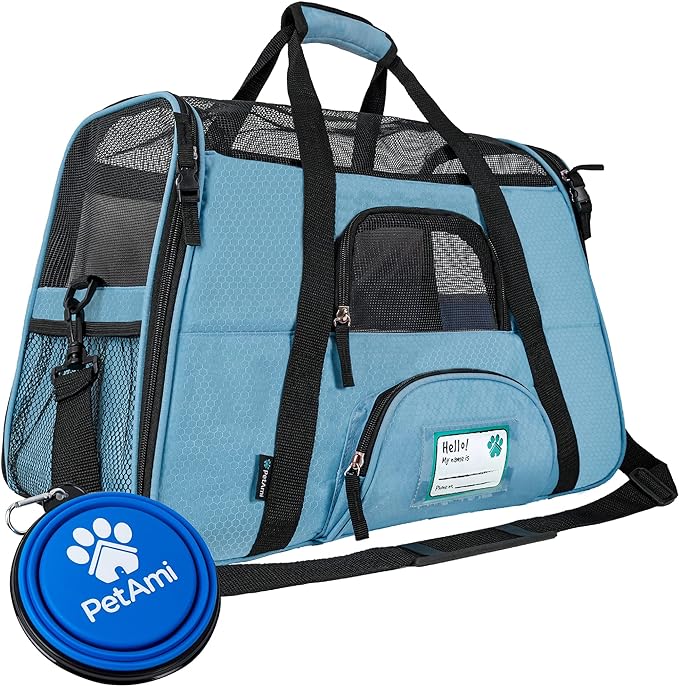 PetAmi Airline Approved Pet Carrier for Cats & Small Dogs, Soft Sided TSA Travel Carrier Bag with Sherpa Bed, Breathable Mesh Ventilation, Collapsible Bowl, Fits Under Seat, Up to 18 lbs, Large Blue