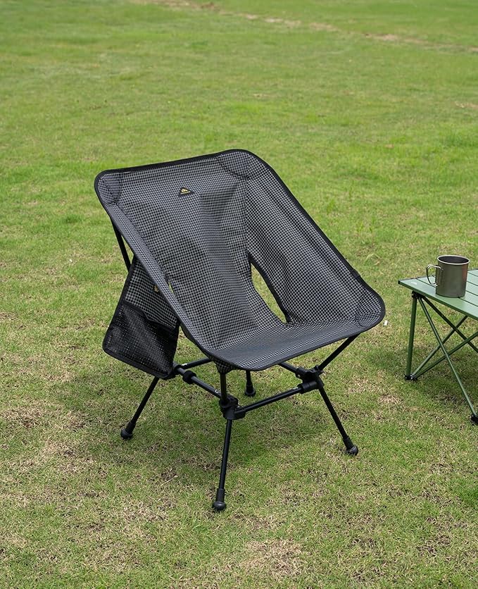 iClimb Ultralight Compact Camping Folding Beach Chair with Anti-Sinking Large Feet and Back Support Webbing (Black Grid - Square Frame - 2PC)