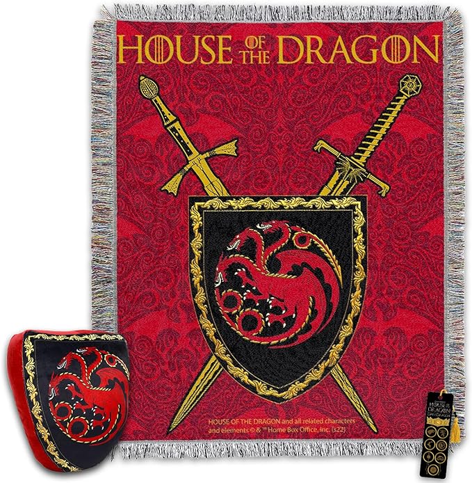 Game of Thrones Pillow and Blanket Set - Bundle with 48" x 60" House of the Dragon Fleece Throw Blanket, Throw Pillow, Bookmark | Cozy Game of Thrones House of the Dragon Room Decor Set