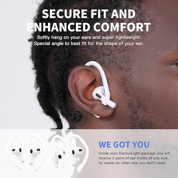Ear Hooks 2 Pairs for AirPods Pro 2 & 1, AirPods 4 & 3, Anti-Slip Comfortable Fit, Ergonomic Design, Accessories (Small, White)