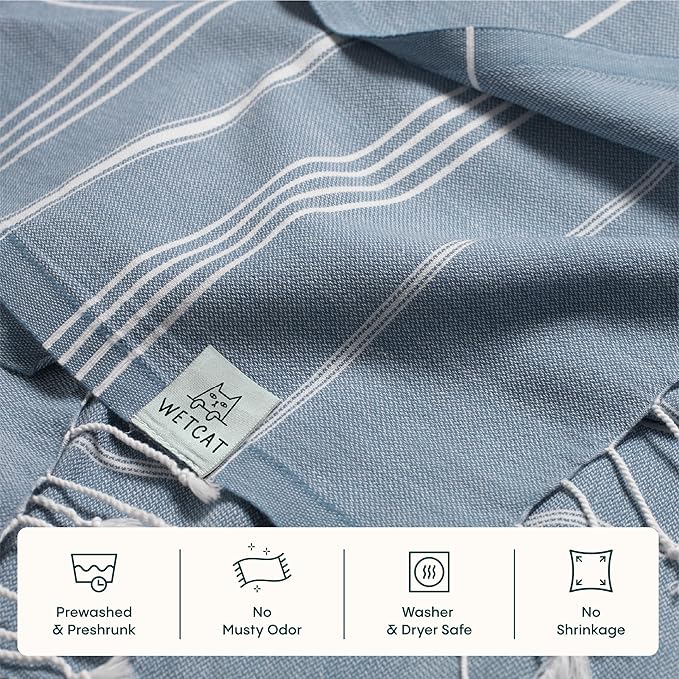 WETCAT Turkish Beach Towel Oversized (38"x71") 100% Turkish Cotton, Made in Turkey - Sand Free, Extra Large, Ultra Soft, Quick Drying, Compact & Lightweight for Travel - Denim Blue