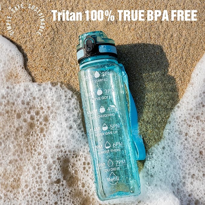 OLDLEY Water Bottle, 32oz Motivational Sports Water Bottle with Time Marker - Times to Drink - Tritan, BPA Free, Wide Mouth Leakproof, Anniversary Birthday Gifts for Men Women,Surfer (1 Bottle)