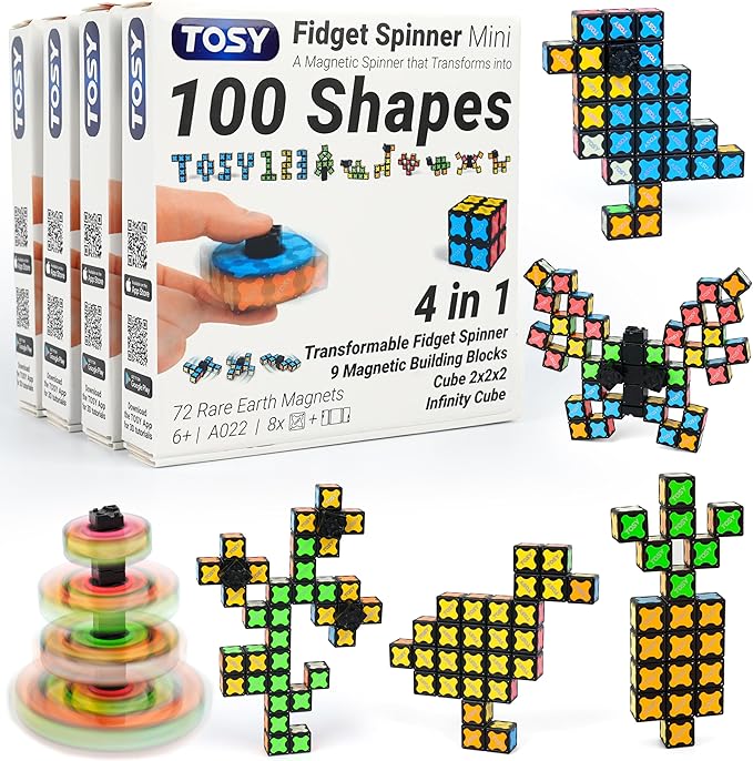 TOSY Magnet Fidget Spinner Mini - 8 Blocks, 3in1 Toy: Transformable Fidget Spinner, Infinity Cube, 2x2 Puzzle Cube, Easter Basket Stuffers Gift for Kids/Adult, STEM Sensory Stress Relief Toy, 4-Pack