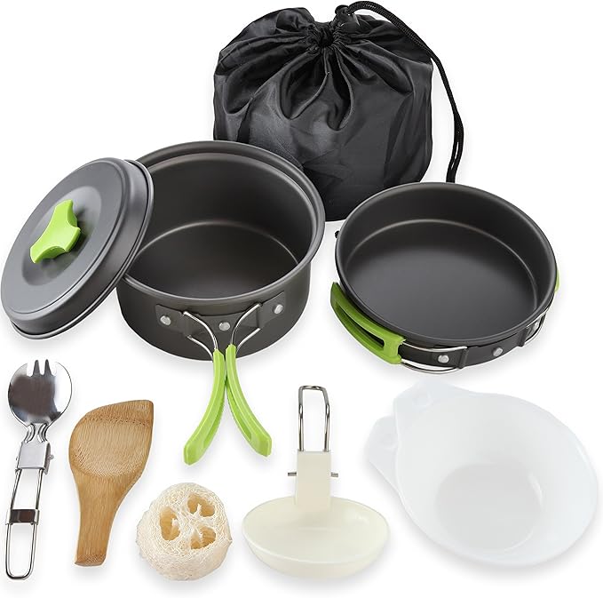 MalloMe Camping Cookware Mess Kit for Backpacking Gear – Camping Cooking Set - Camping Pots and Pans Set - Backpacking Stove/Portable Stove Compatible - Camp Kitchen Equipment Accessories Pot