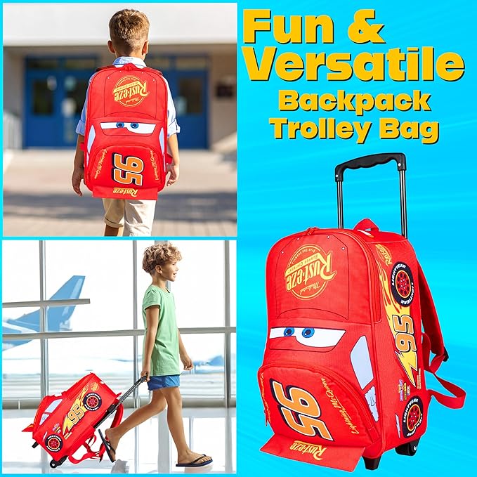 Disney Cars Lightning McQueen Carry-On Luggage with Wheels & Telescopic Handle for Kids 17”– 18.5L, Lightweight Travel Bag for Boys & Girls, Trips & Vacation Gifts