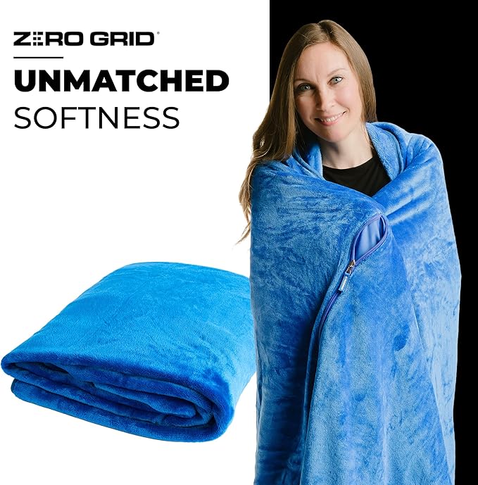 Zero Grid Lightweight Travel Blanket – Premium Compact Wearable Airplane Blanket with Neck Snaps, Cozy Foot Pockets, Zipper Pouch, converts to Soft Pillow for Ultimate Comfort - Royal Blue