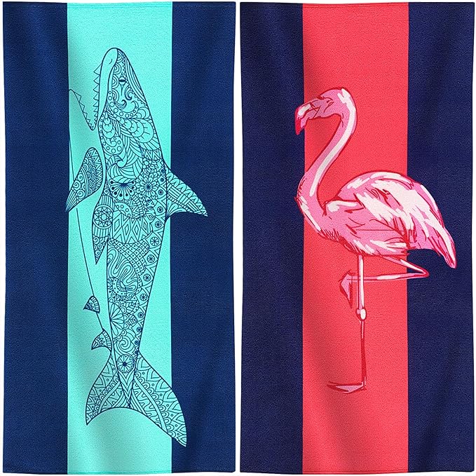 Genovega 2 Packs Oversized Beach Towel Set 36 x 72 ln Large Big Pool Camping Swim Clearance Soft Towels Travel Essentials Accessories Must Haves Vacation Necessities Adult Gifts Shark Flamingo
