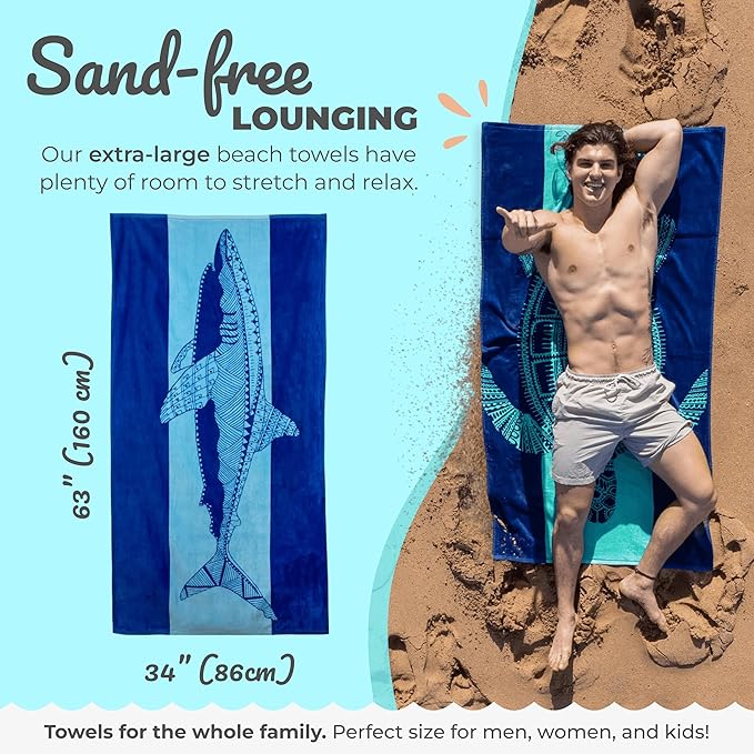 Nova Blue Shark Beach Towel – Blue with A Tropical Design, Extra Large, XL (34”x 63”) Cool Hawaiian, Navy Beach Towel with Light Blue Stripe, Made from 100% Cotton