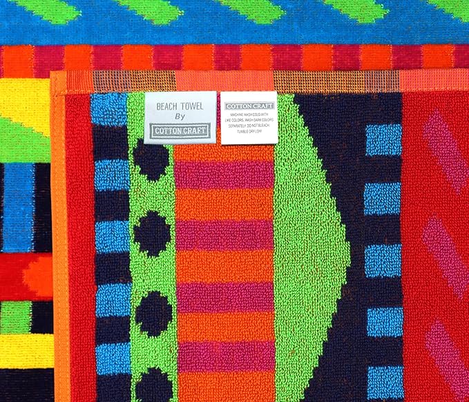 COTTON CRAFT Oversized Beach Towel - 2 Pack XL 39 x 68 inches Big & Huge Beach Blanket Towel - 100% Cotton Jacquard Velour - Super Soft Luxury - Pool Picnic Bath - Cozumel Red Blue Yellow