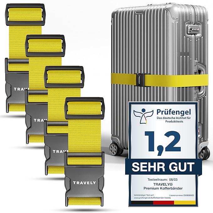 TRAVELY Luggage Straps - Particularly conspicuous & Secure - Incl. 4 Name Tags - Luggage Strap Ideal crosswise - [Set of 4]