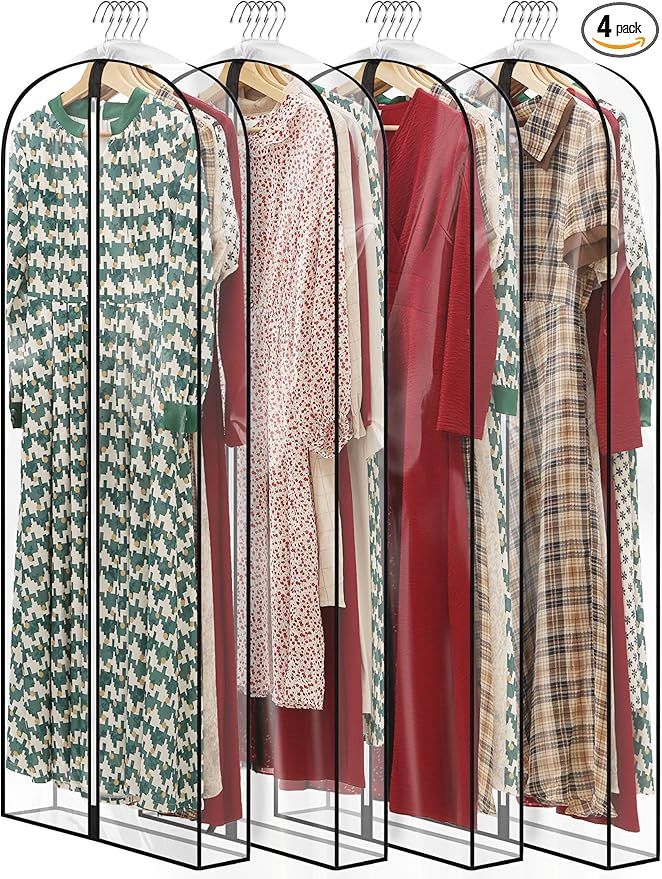 60" All Clear Dress Bags for Gowns Long, 4" Gusseted Garment Bags for Hanging Clothes, Womens Dress Garment Bag with Zipper for Skirts, Wedding Dresses, Winter Fur Coats, 4 Packs